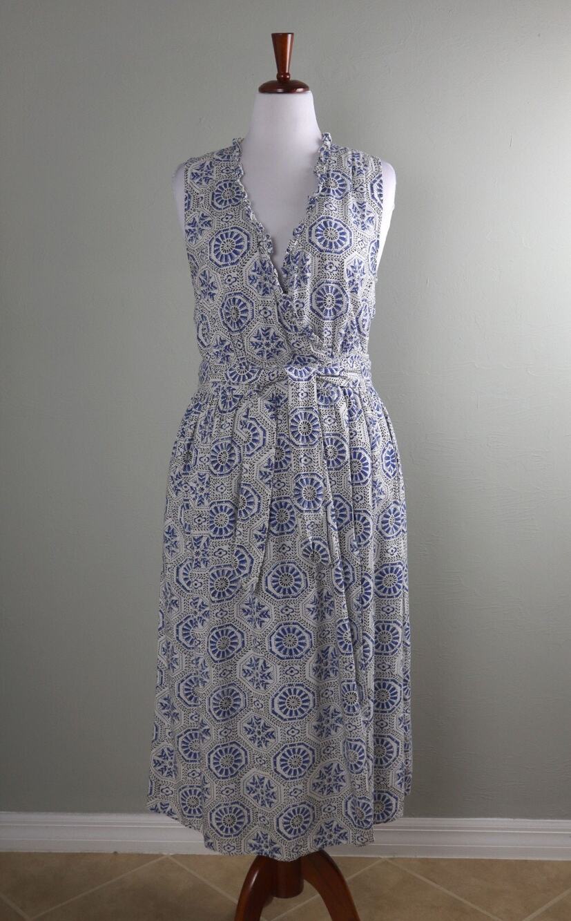 BANJANAN Printed Sleeveless Ruffle Trim Midi True Wrap Dress Size Large